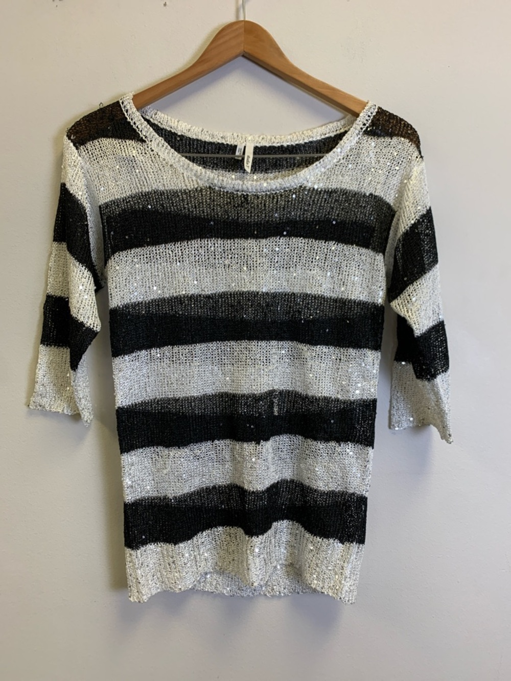 Studio Y Black & White Striped Sequin Knit Top